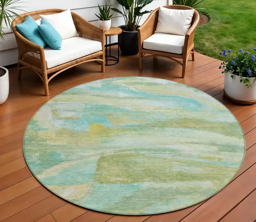 8' Green Teal Blue And Copper Round Abstract Washable Indoor Outdoor Area Rug Photo 2