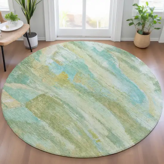 8' Green Teal Blue And Copper Round Abstract Washable Indoor Outdoor Area Rug Photo 5