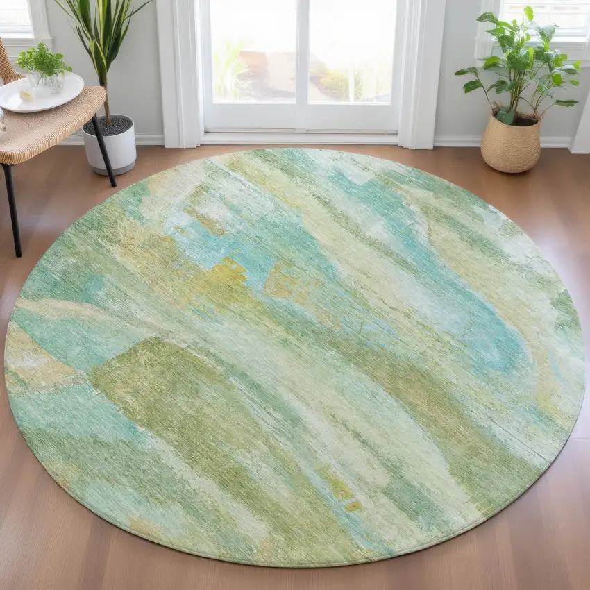 8' Green Teal Blue And Copper Round Abstract Washable Indoor Outdoor Area Rug Photo 5