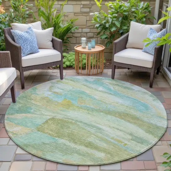 8' Green Teal Blue And Copper Round Abstract Washable Indoor Outdoor Area Rug Photo 6