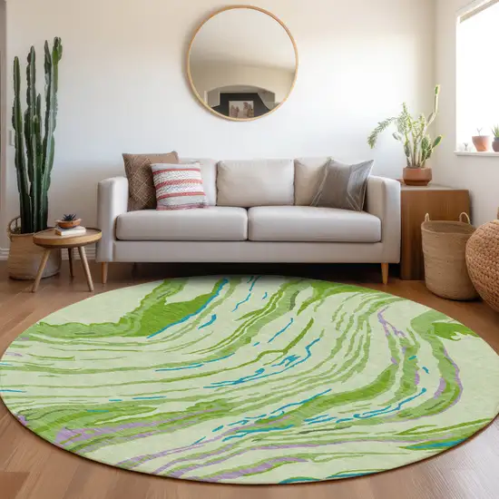 8' Green Teal Blue And Purple Round Abstract Washable Indoor Outdoor Area Rug Photo 8
