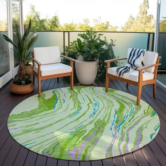 8' Green Teal Blue And Purple Round Abstract Washable Indoor Outdoor Area Rug Photo 7