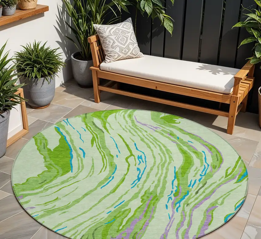 8' Green Teal Blue And Purple Round Abstract Washable Indoor Outdoor Area Rug Photo 1