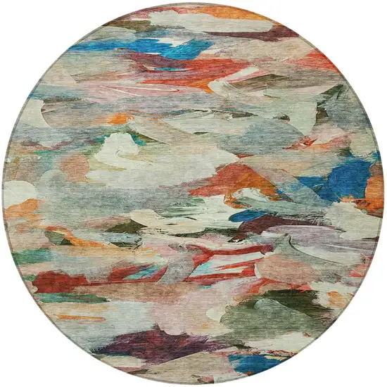 8' Green Teal Blue And Terra Cotta Round Abstract Washable Indoor Outdoor Area Rug Photo 7