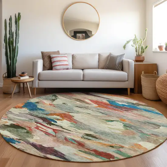 8' Green Teal Blue And Terra Cotta Round Abstract Washable Indoor Outdoor Area Rug Photo 9