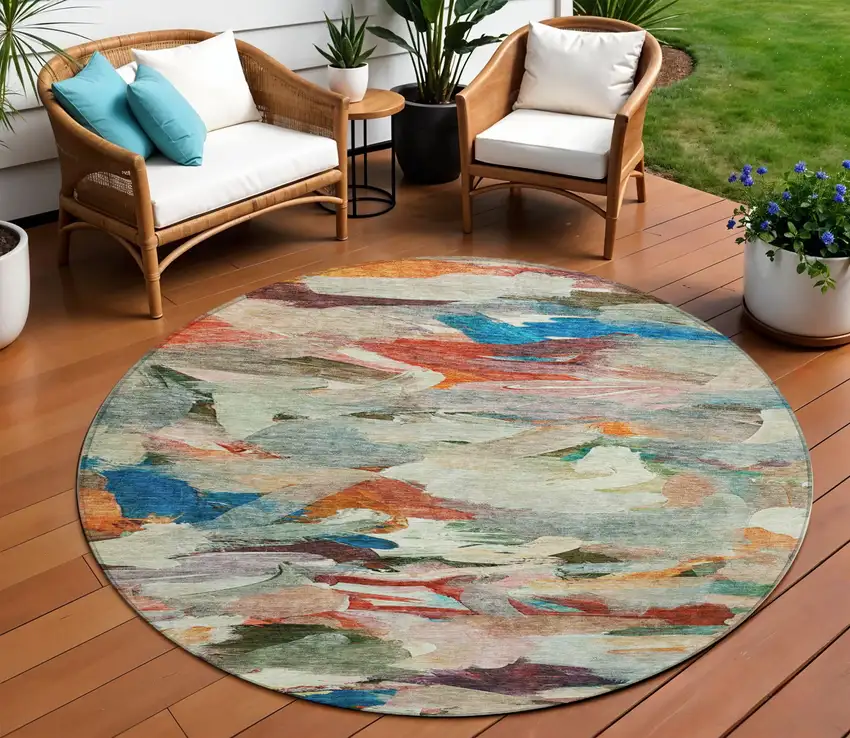 8' Green Teal Blue And Terra Cotta Round Abstract Washable Indoor Outdoor Area Rug Photo 1