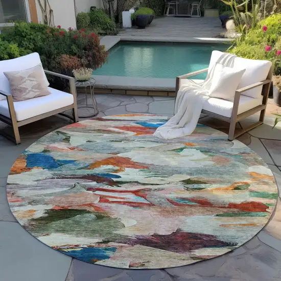 8' Green Teal Blue And Terra Cotta Round Abstract Washable Indoor Outdoor Area Rug Photo 8