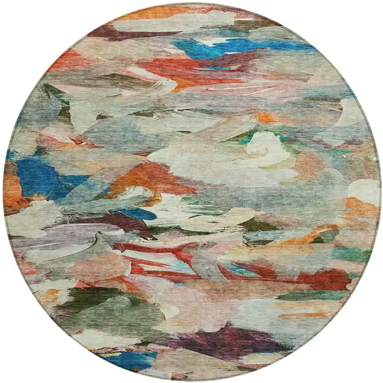 8' Green Teal Blue And Terra Cotta Round Abstract Washable Indoor Outdoor Area Rug Photo 2