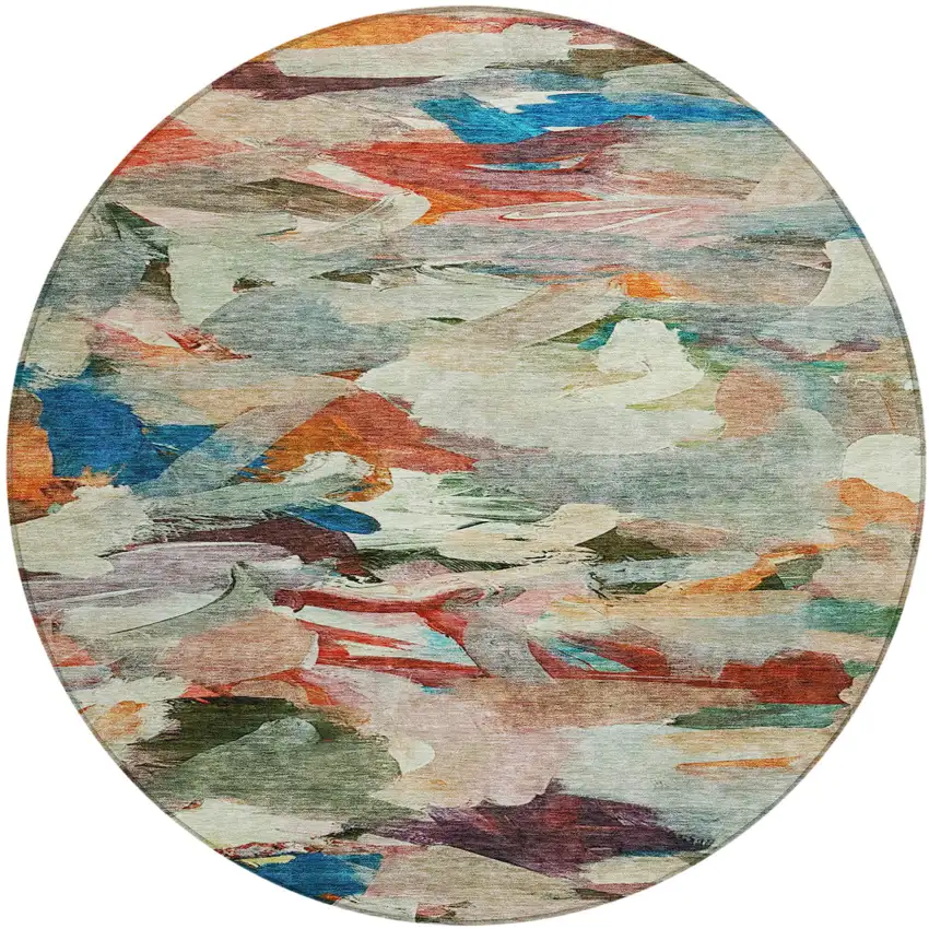 8' Green Teal Blue And Terra Cotta Round Abstract Washable Indoor Outdoor Area Rug Photo 2