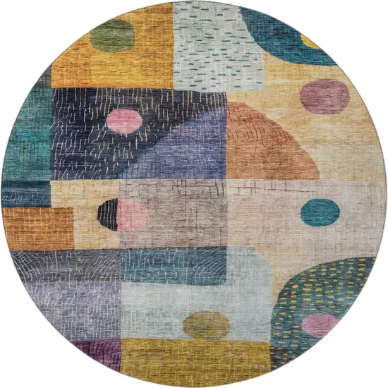 8' Green Teal Orange And Purple Geometric Washable Round Rug With UV Protection Photo 3