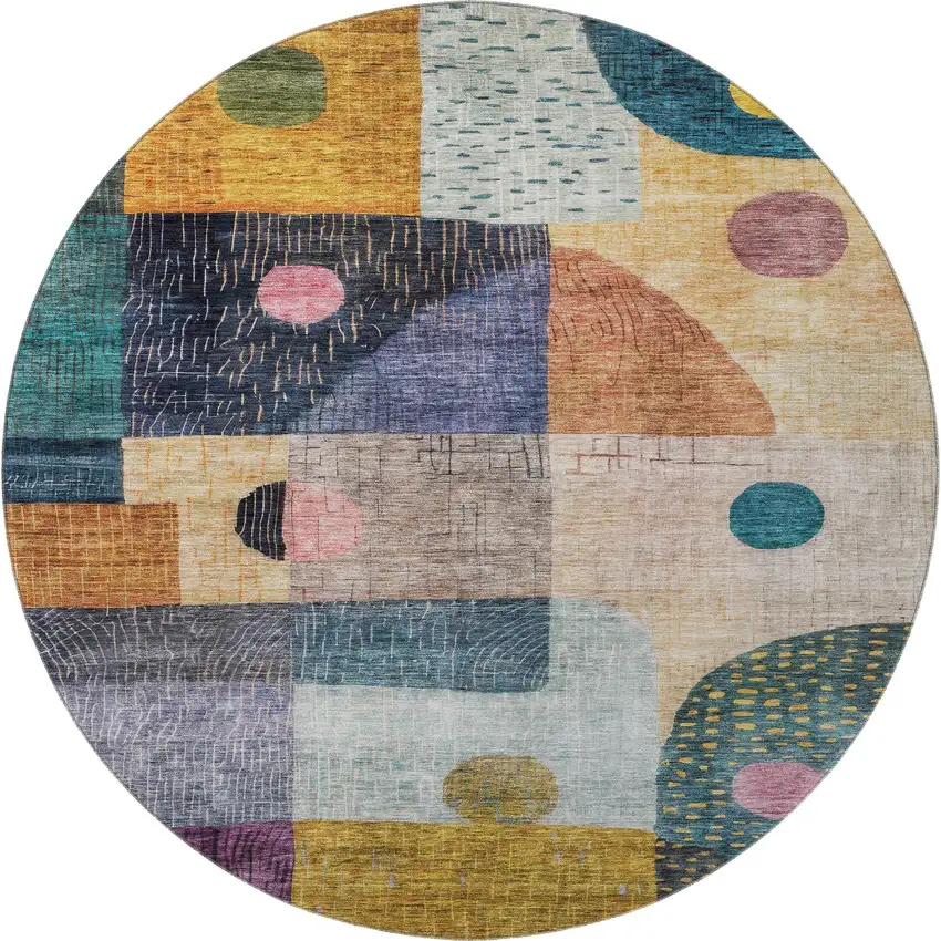 8' Green Teal Orange And Purple Geometric Washable Round Rug With UV Protection Photo 3