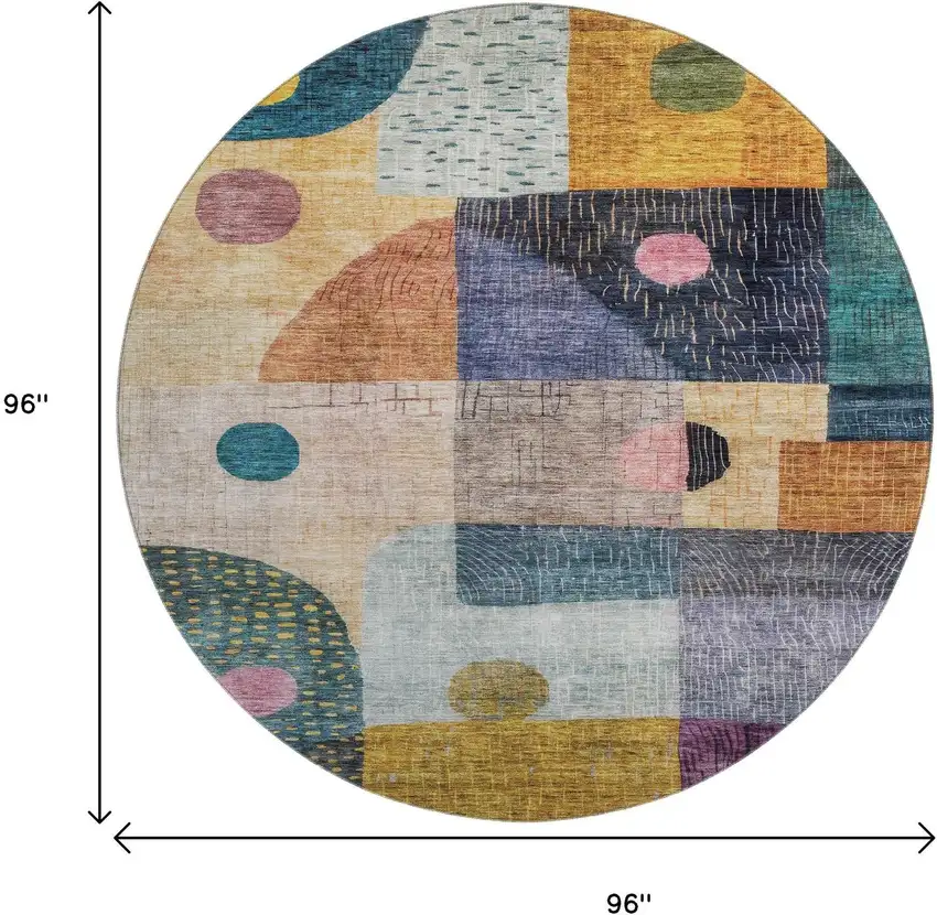8' Green Teal Orange And Purple Geometric Washable Round Rug With UV Protection Photo 9
