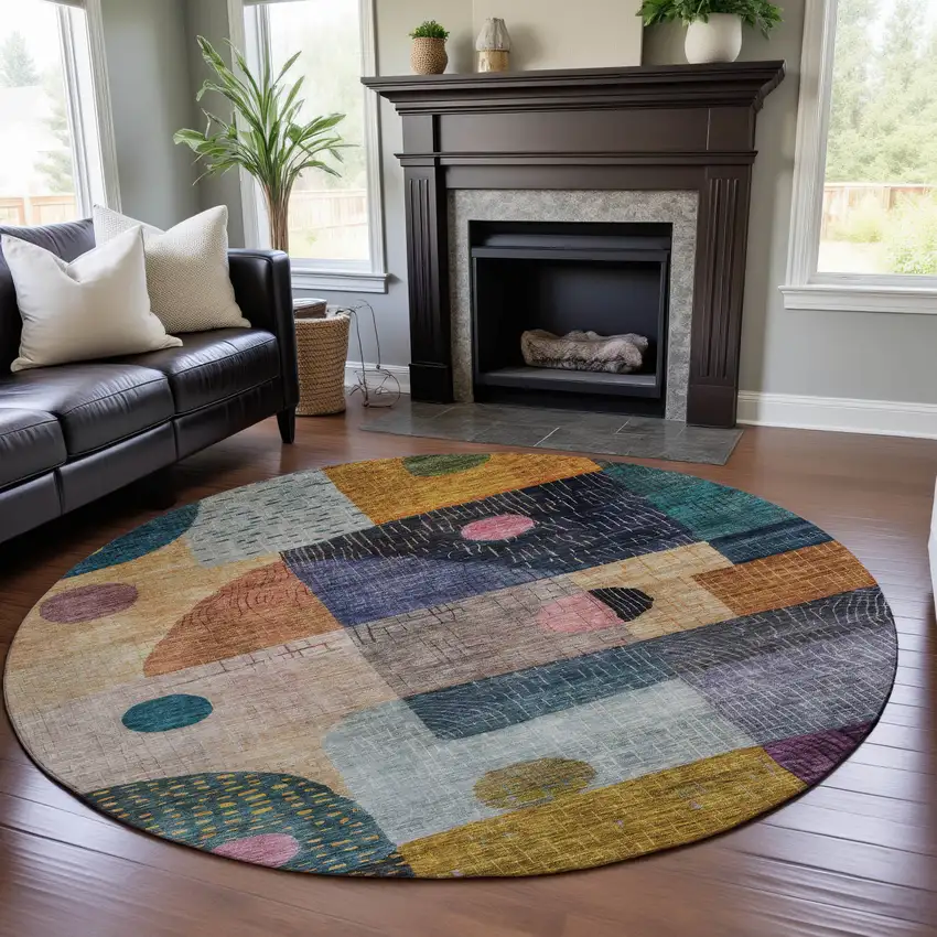 8' Green Teal Orange And Purple Geometric Washable Round Rug With UV Protection Photo 4