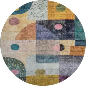 Photo of 8' Green Teal Orange And Purple Geometric Washable Round Rug With UV Protection