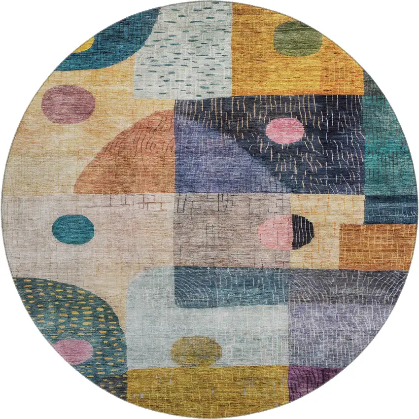 8' Green Teal Orange And Purple Geometric Washable Round Rug With UV Protection Photo 1