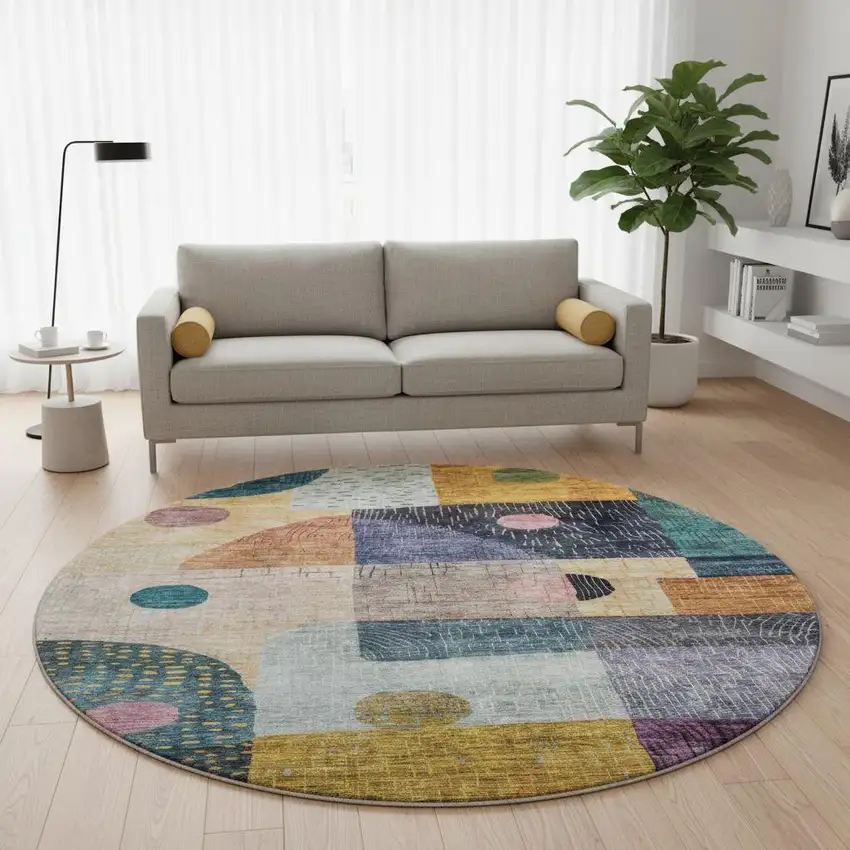 8' Green Teal Orange And Purple Geometric Washable Round Rug With UV Protection Photo 2