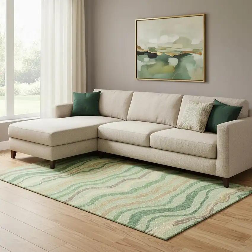 8' Green Wheat And Ivory Striped Washable Area Rug With UV Protection Photo 2