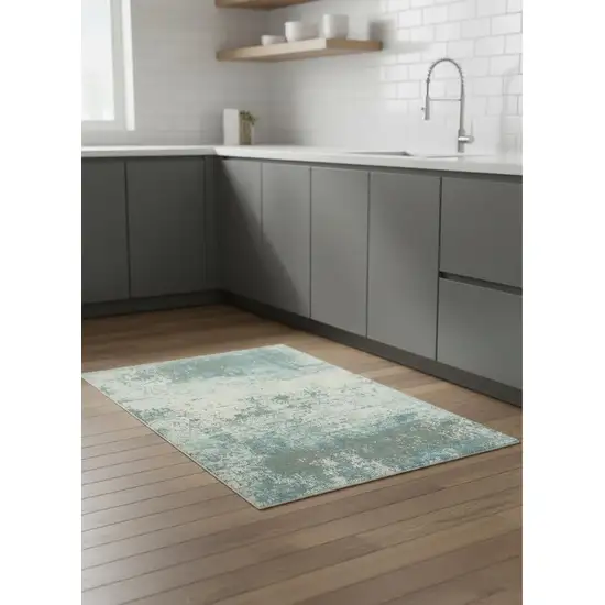 5' Green White And Gray Abstract Washable Round Rug With UV Protection Photo 1