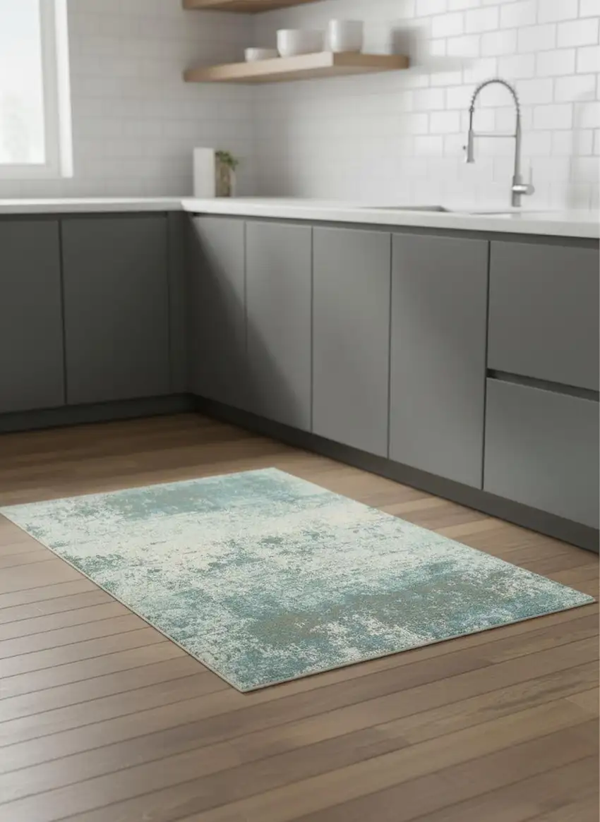 5' Green White And Gray Abstract Washable Round Rug With UV Protection Photo 1