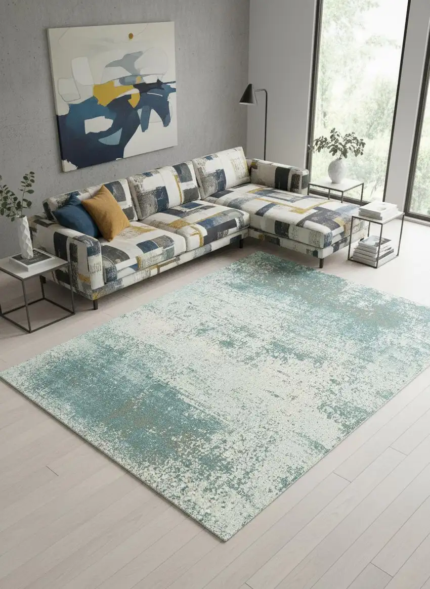 8' Green White And Gray Abstract Washable Round Rug With UV Protection Photo 1