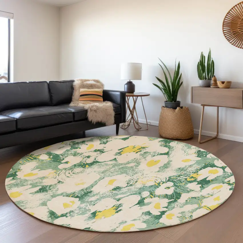 8' Green Yellow And Ivory Floral Washable Round Rug With UV Protection Photo 5
