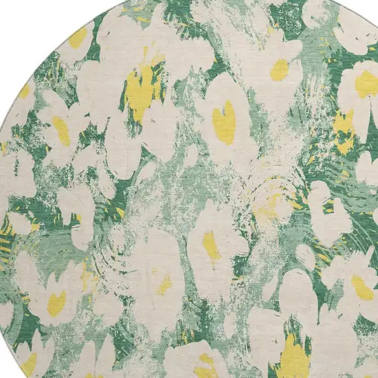 8' Green Yellow And Ivory Floral Washable Round Rug With UV Protection Photo 3