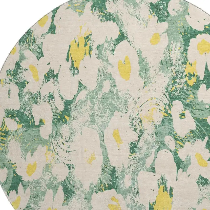 8' Green Yellow And Ivory Floral Washable Round Rug With UV Protection Photo 3
