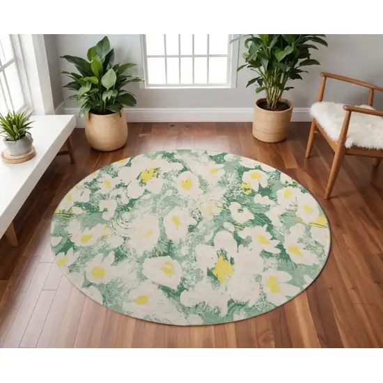 8' Green Yellow And Ivory Floral Washable Round Rug With UV Protection Photo 2