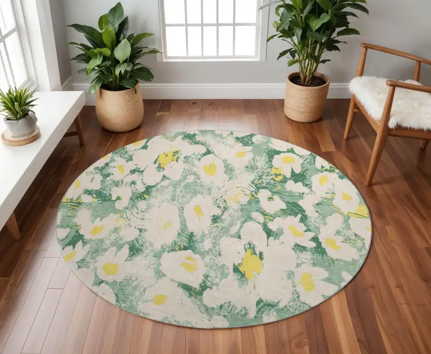 8' Green Yellow And Ivory Floral Washable Round Rug With UV Protection Photo 2