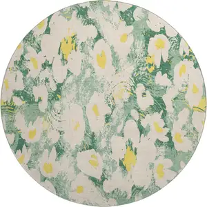 Photo of 8' Green Yellow And Ivory Floral Washable Round Rug With UV Protection