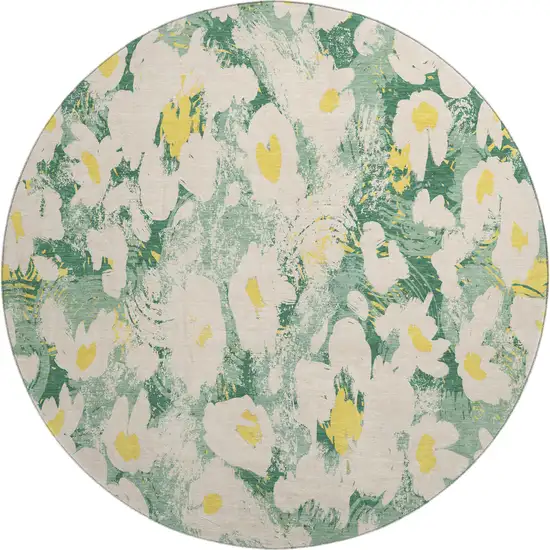 8' Green Yellow And Ivory Floral Washable Round Rug With UV Protection Photo 1