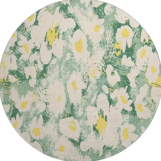 8' Green Yellow And Ivory Floral Washable Round Rug With UV Protection Photo 4