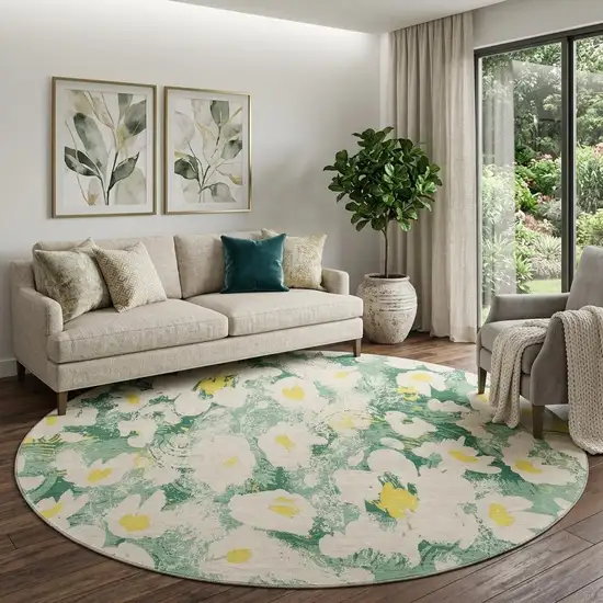 8' Green Yellow And Ivory Floral Washable Round Rug With UV Protection Photo 1