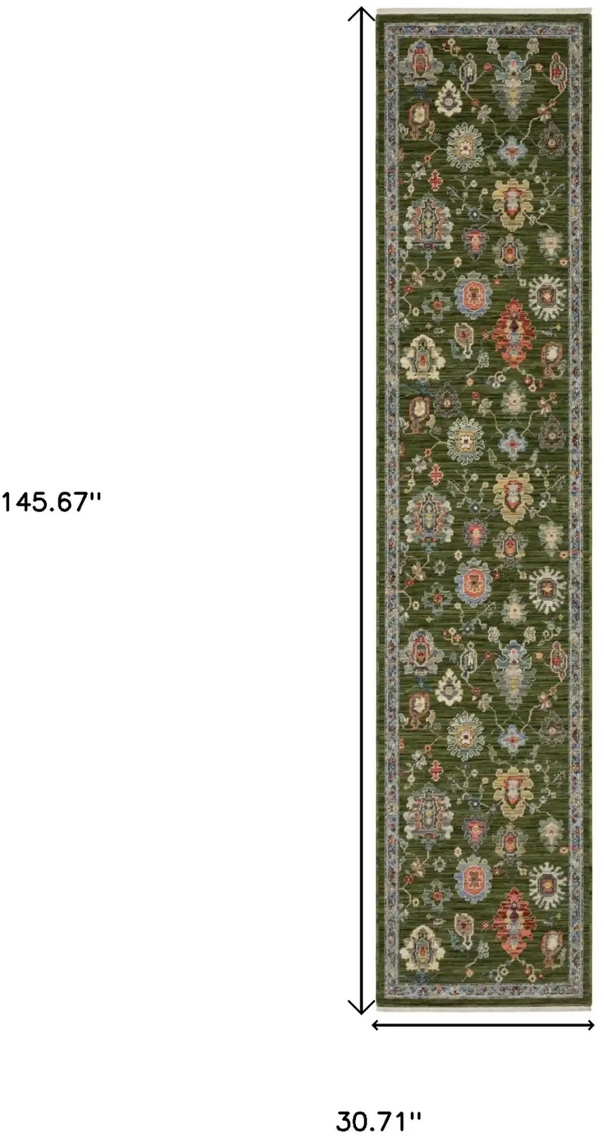 12' Green Yellow And Ivory Oriental Runner Rug With Fringe Photo 3