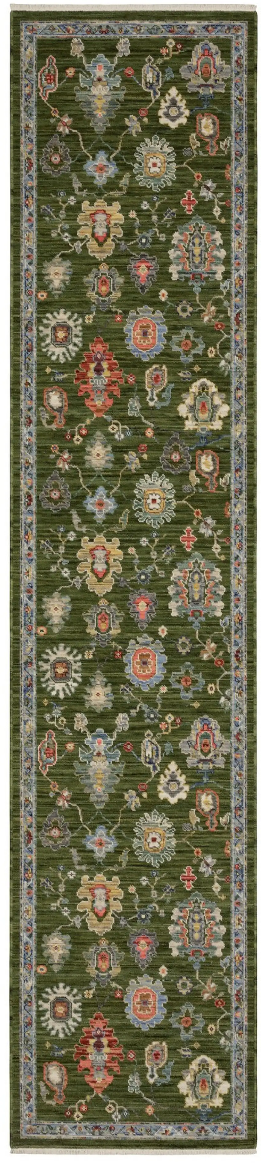12' Green Yellow And Ivory Oriental Runner Rug With Fringe Photo 5