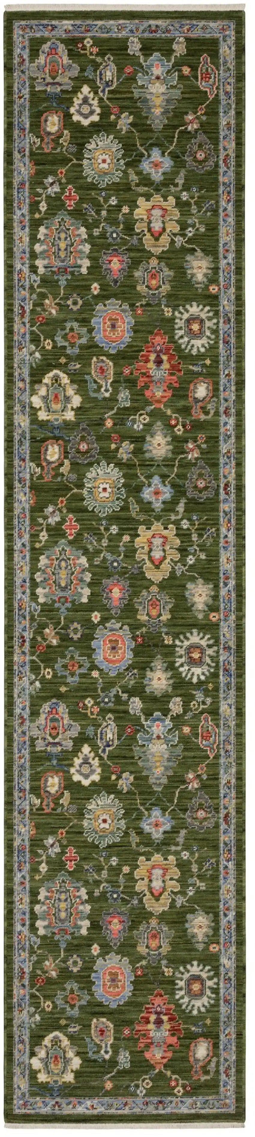 12' Green Yellow And Ivory Oriental Runner Rug With Fringe Photo 2