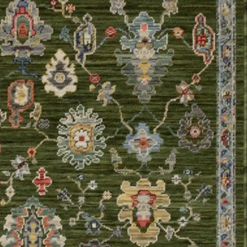 12' Green Yellow And Ivory Oriental Runner Rug With Fringe Photo 8