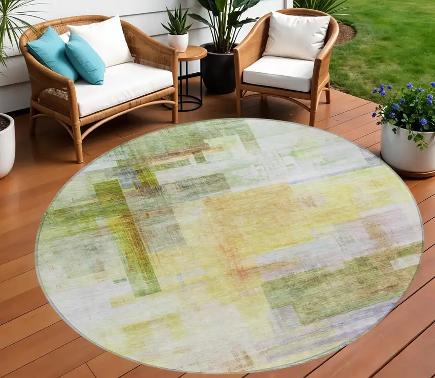 8' Green Yellow And Purple Round Abstract Washable Indoor Outdoor Area Rug Photo 1