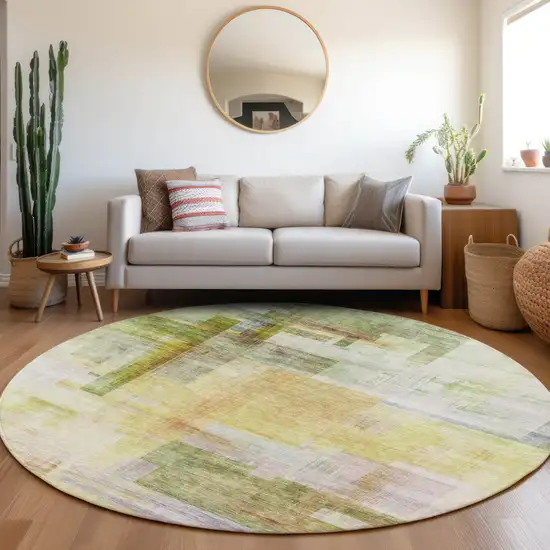 8' Green Yellow And Purple Round Abstract Washable Indoor Outdoor Area Rug Photo 9