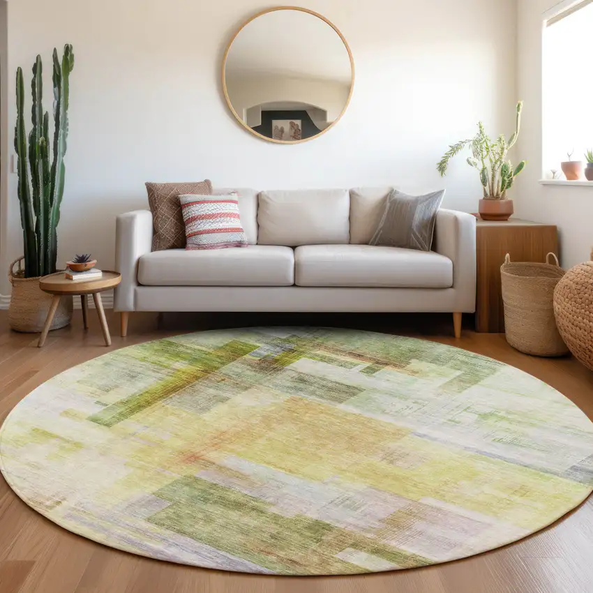 8' Green Yellow And Purple Round Abstract Washable Indoor Outdoor Area Rug Photo 9