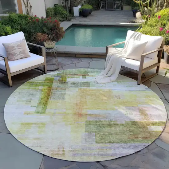 8' Green Yellow And Purple Round Abstract Washable Indoor Outdoor Area Rug Photo 8