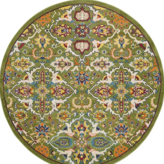 5' Green Yellow Blue and Red Round Floral Power Loom Area Rug Photo 2