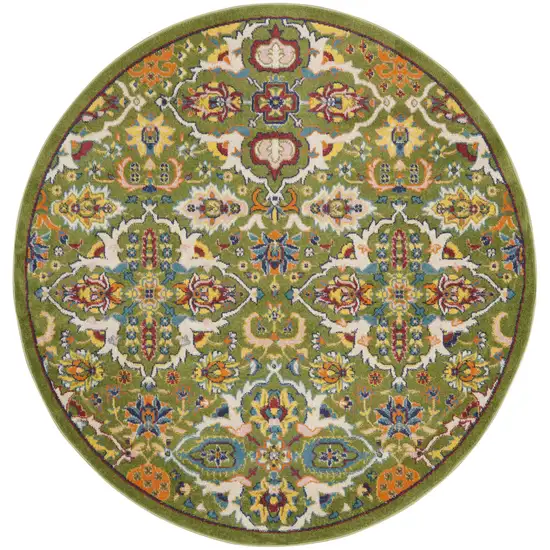 5' Green Yellow Blue and Red Round Floral Power Loom Area Rug Photo 1