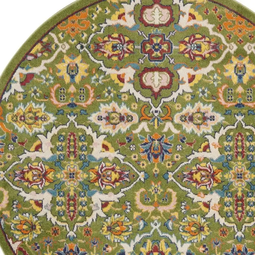 5' Green Yellow Blue and Red Round Floral Power Loom Area Rug Photo 7