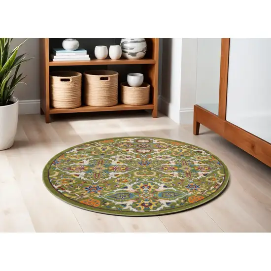 5' Green Yellow Blue and Red Round Floral Power Loom Area Rug Photo 1