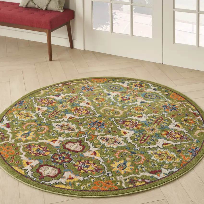 5' Green Yellow Blue and Red Round Floral Power Loom Area Rug Photo 5