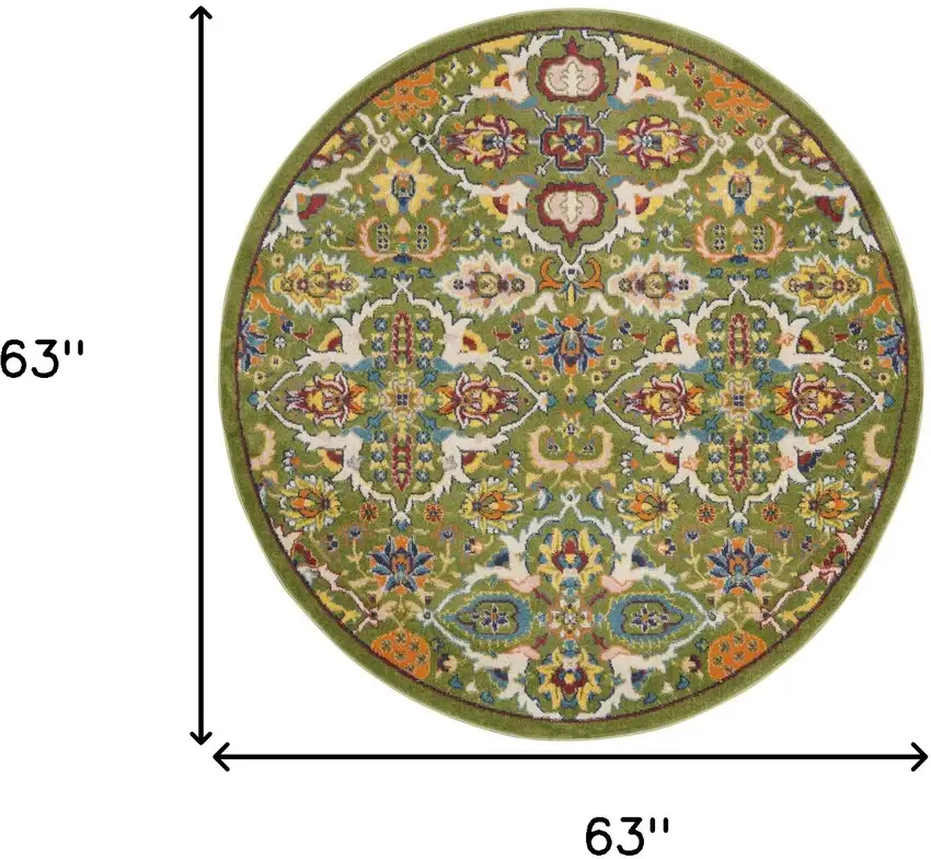5' Green Yellow Blue and Red Round Floral Power Loom Area Rug Photo 3