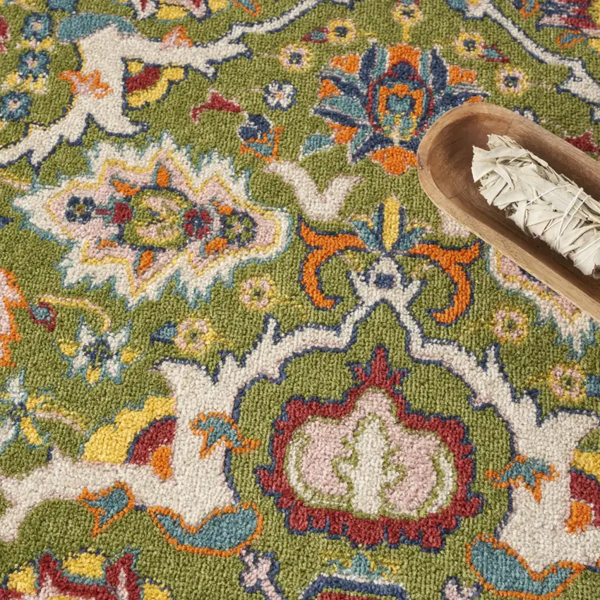 4' Green Red And Orange Floral Medallion Round Rug Photo 8
