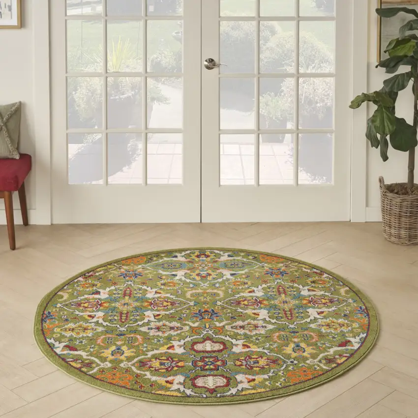 4' Green Red And Orange Floral Medallion Round Rug Photo 6