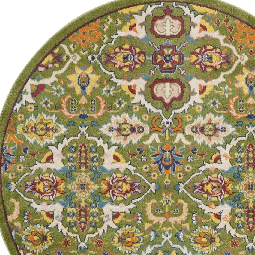 4' Green Red And Orange Floral Medallion Round Rug Photo 7
